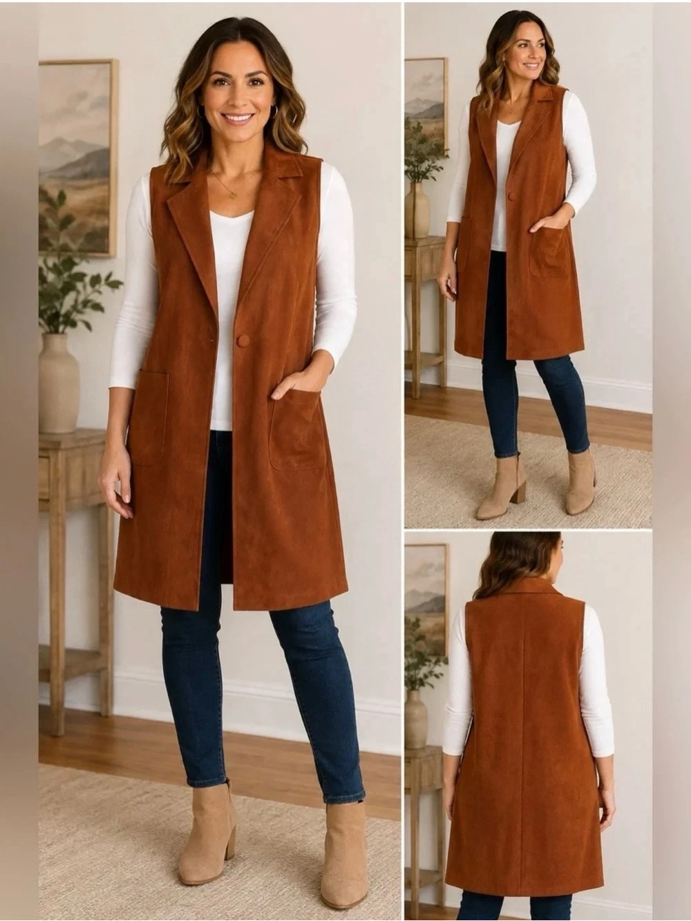 Solitaire Rust Faux Suede Sleeveless Long Vest